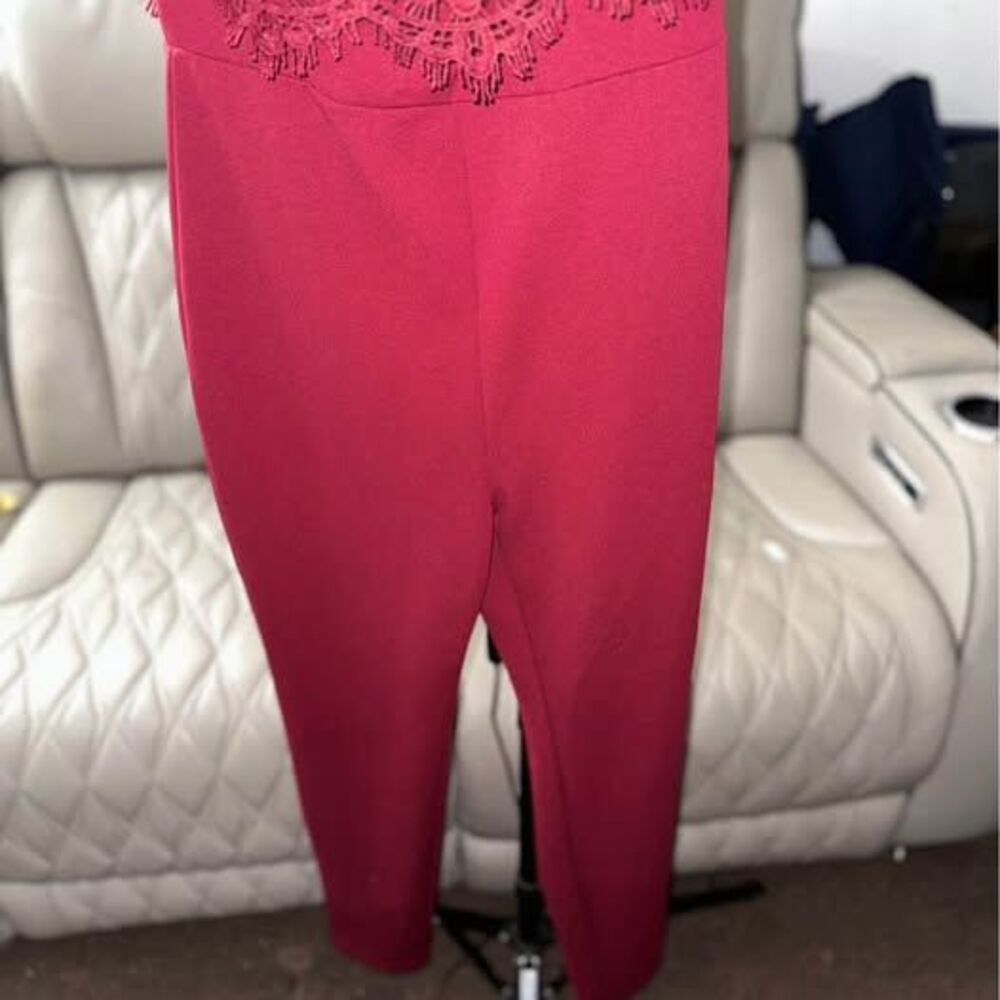 Red Off-the-Shoulder Lace Jumpsuit - Picture 3 of 7